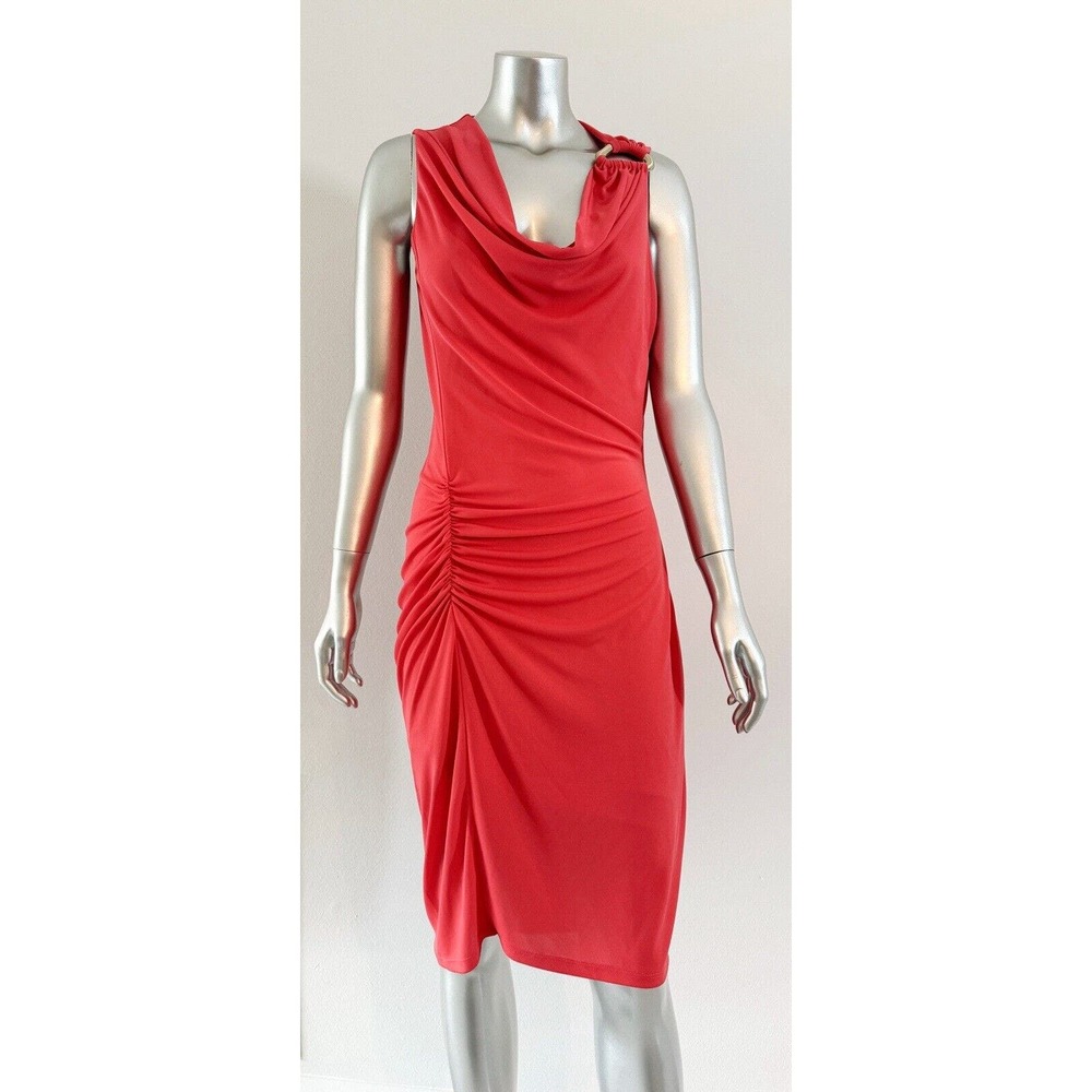 Halston Heritage stretch Dress Cowl Neck Ruched Golden Detail